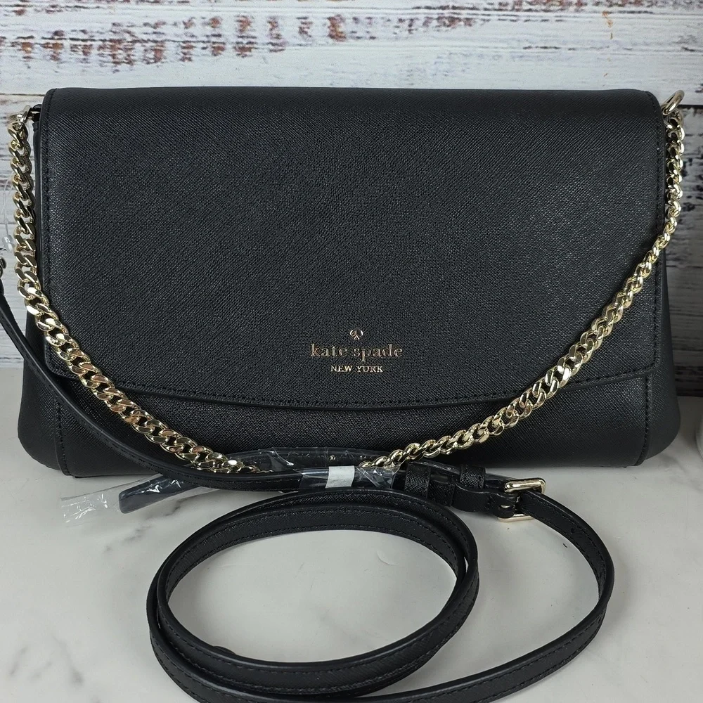 KATE SPADE BLACK CLUTCH CROSSBODY SHOULDER‎ BAG CARSON CONVERTIBLE GOLD CHAIN